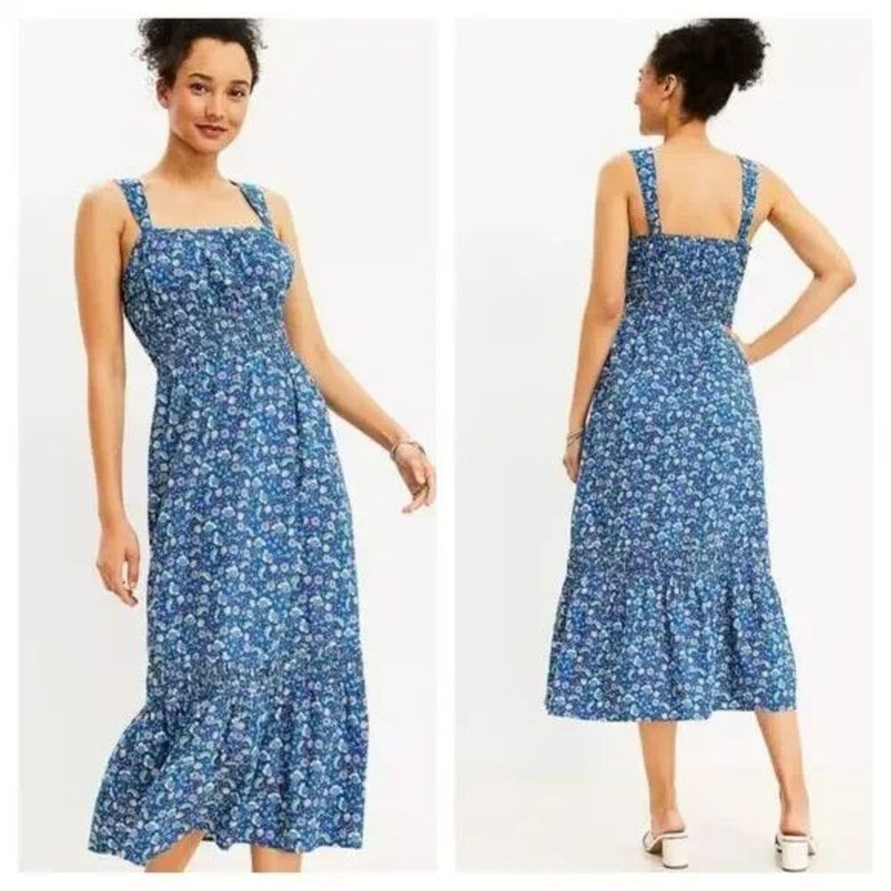 LOFT Shirred Blue Flounce Floral Smock Waist Cottagecore Maxi Sundress Large